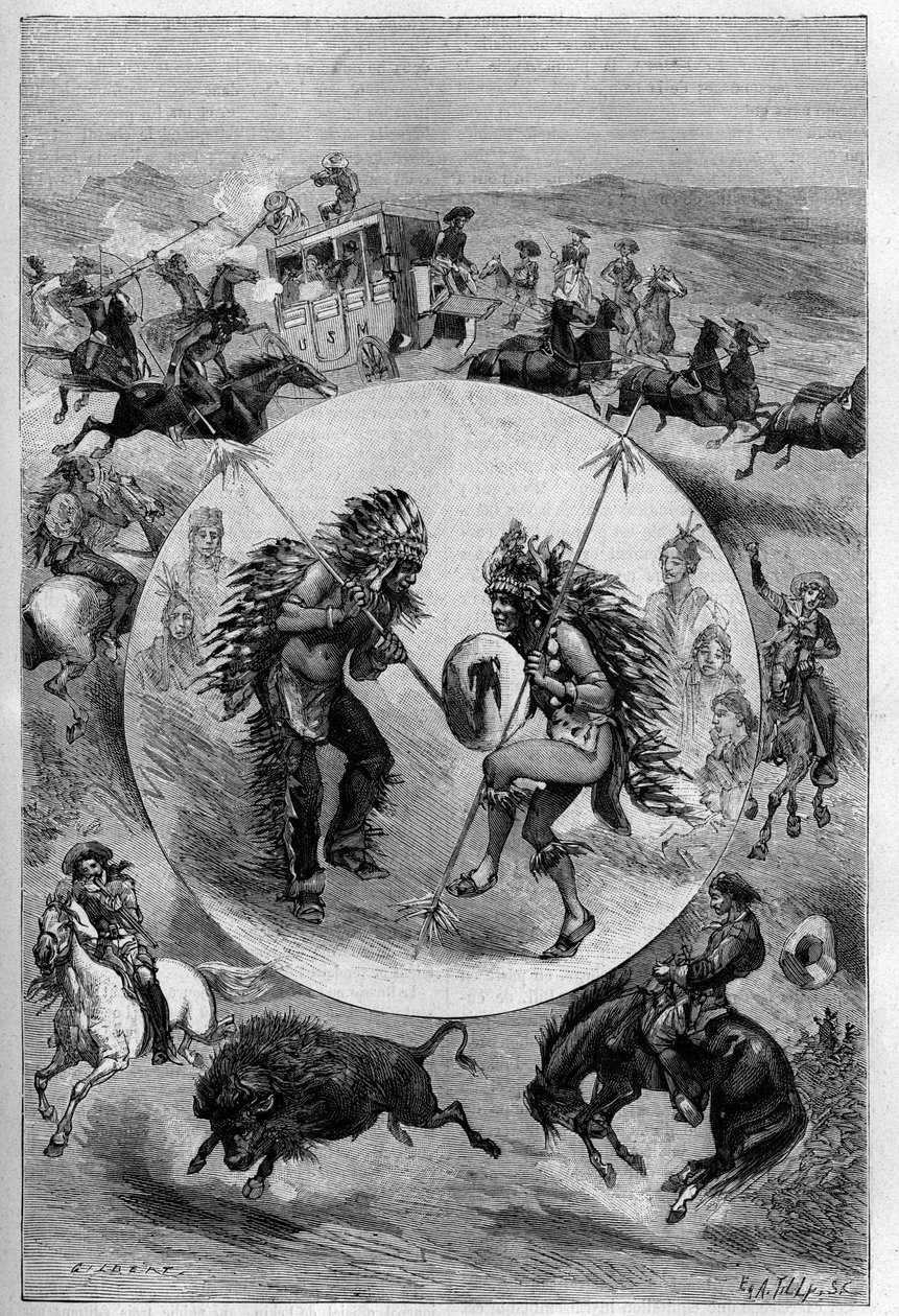 Buffalo Bills show i Paris: øvelser presentert av William Frederic Codys tropp (1846-1917), kjent som Buffalo Bill (angrep av en flid, Sioux-dans, bøffeljakt). Gravering i "" La Nature. Revue des sciences et de ses applications aux arts et a l