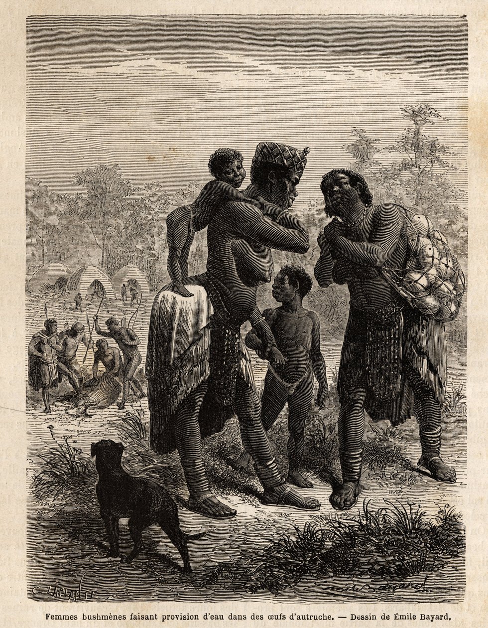 Bushmenes lager vann i strutseegg, i følge med barna sine; i bakgrunnen, sett fra landsbyen og menn som slakter en antilope. Gravering for å illustrere Dr. Livingstones første reiser til Sør-Afrika fra 1840 til 1856, i «Le tour du av Unknown artist