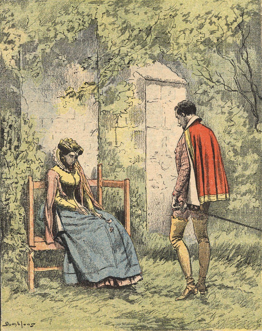 Bussy og Diane, kjent som Madame de Monsoreau, i hagen klar til kirken., Illustrasjon av romanen "La Dame de Monsoreau" av Alexandre Dumas i "Journal des novels populaires illustrés" av Unknown artist