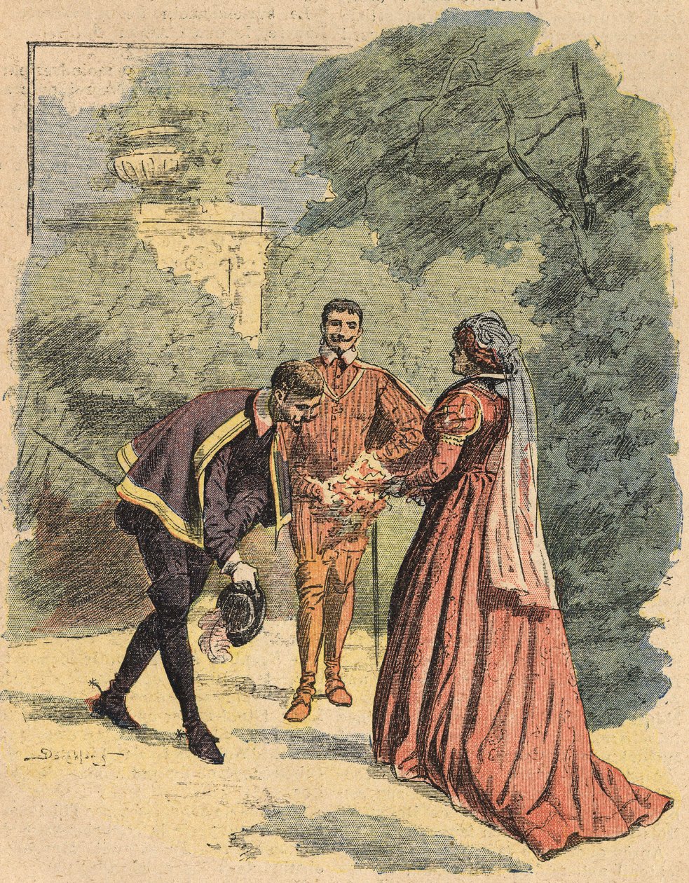 Bussy hilser på Jeanne, akkompagnert av Saint Luke, i parken. Illustrasjon av romanen «La Dame de Monsoreau» av Alexandre Dumas, i «Journal des novels populaires illustrées» av Unknown artist