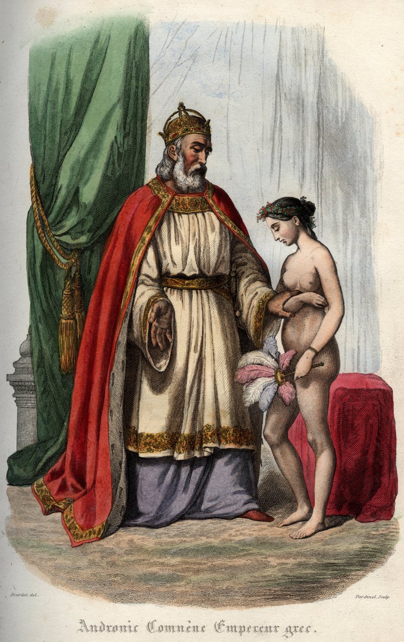 Den bysantinske keiseren Andronikos I Komnenos (eller Andronicus I Comnenus (ca. 1118-1185) (Andronic I Comnene) og hans kone Agnes av Frankrike (1171-1240) som blir tvunget til å vises naken for sin orgie. Gravering fra 1842 i "Histoire des" paver"" av Ma av Unknown artist