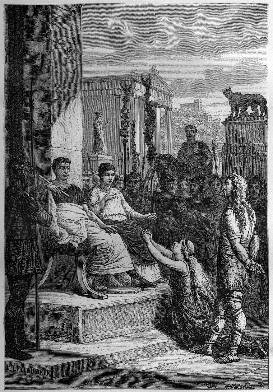 CAPTIVITY OF CHAMACUS - Caratacus (Caratacos, Caratacus) i fangenskap med sin familie henvender seg til den romerske keiseren Claudius (Claude I) (10 f.Kr.-54 e.Kr.) - Gravering i "L