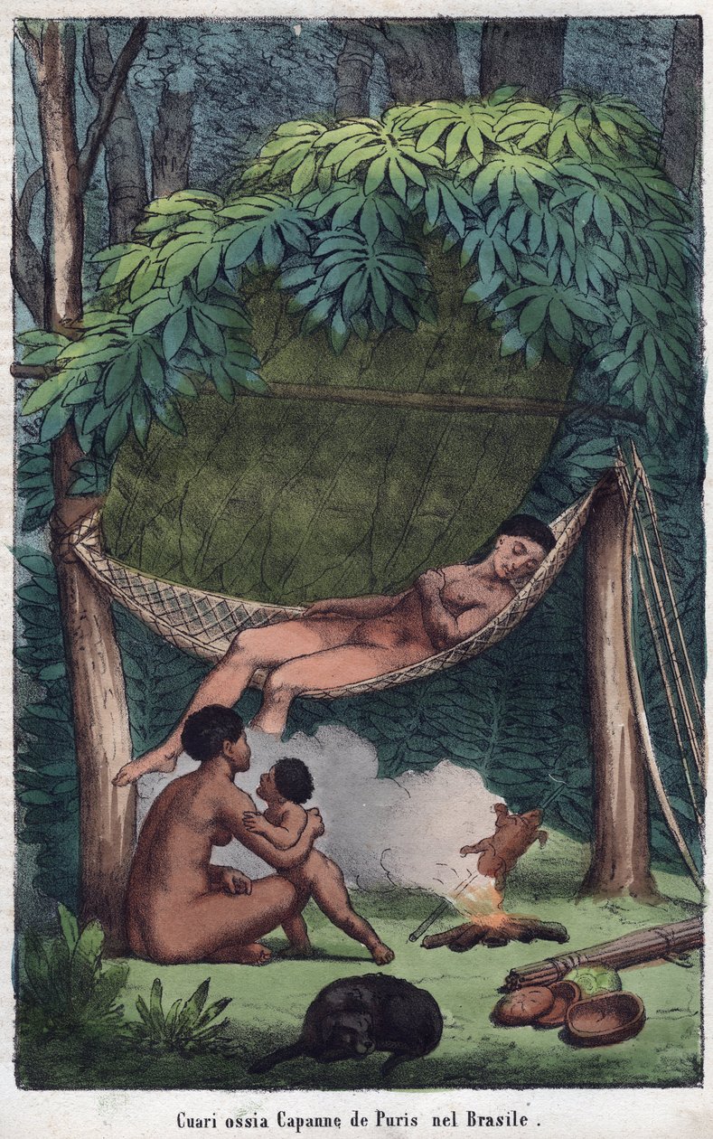 Cabane des Puris au Brazil - Utsikt over en Puri-hytte i Brasil - gravering fra "" skikker og tradisjoner til alle folkeslag i universet. Det er historien om regjeringen, lovene, militsen, om religionen til alle nasjoner fra de fjerneste tider og opp til d av Unknown artist