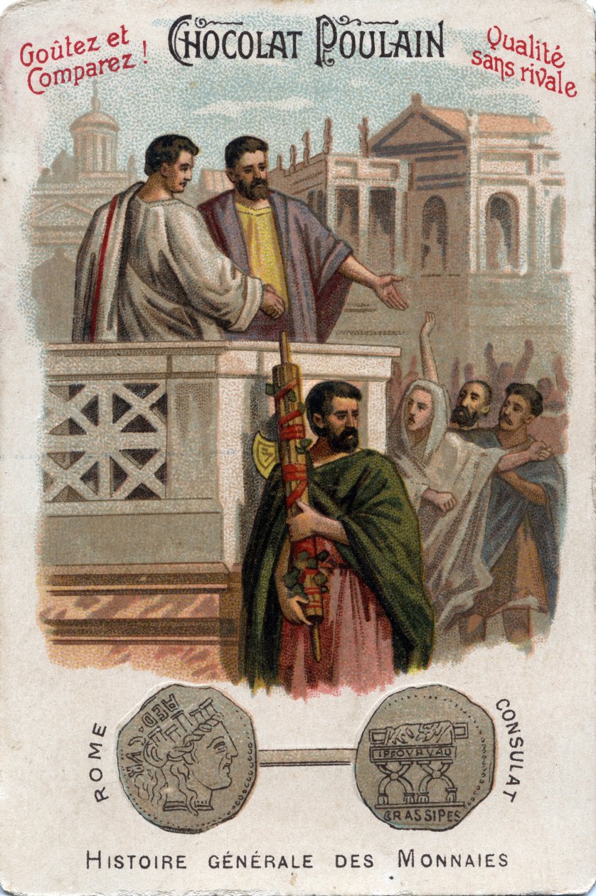 Caius Licinius Calvus Stolon bidrar til plebeiernes tiltredelse til politisk makt ved å få tilgang til konsulatet. I generell mynthistorie. Sjokolade-føllkromolitografi fra slutten av 1800-tallet. Privat samling. av Unknown artist