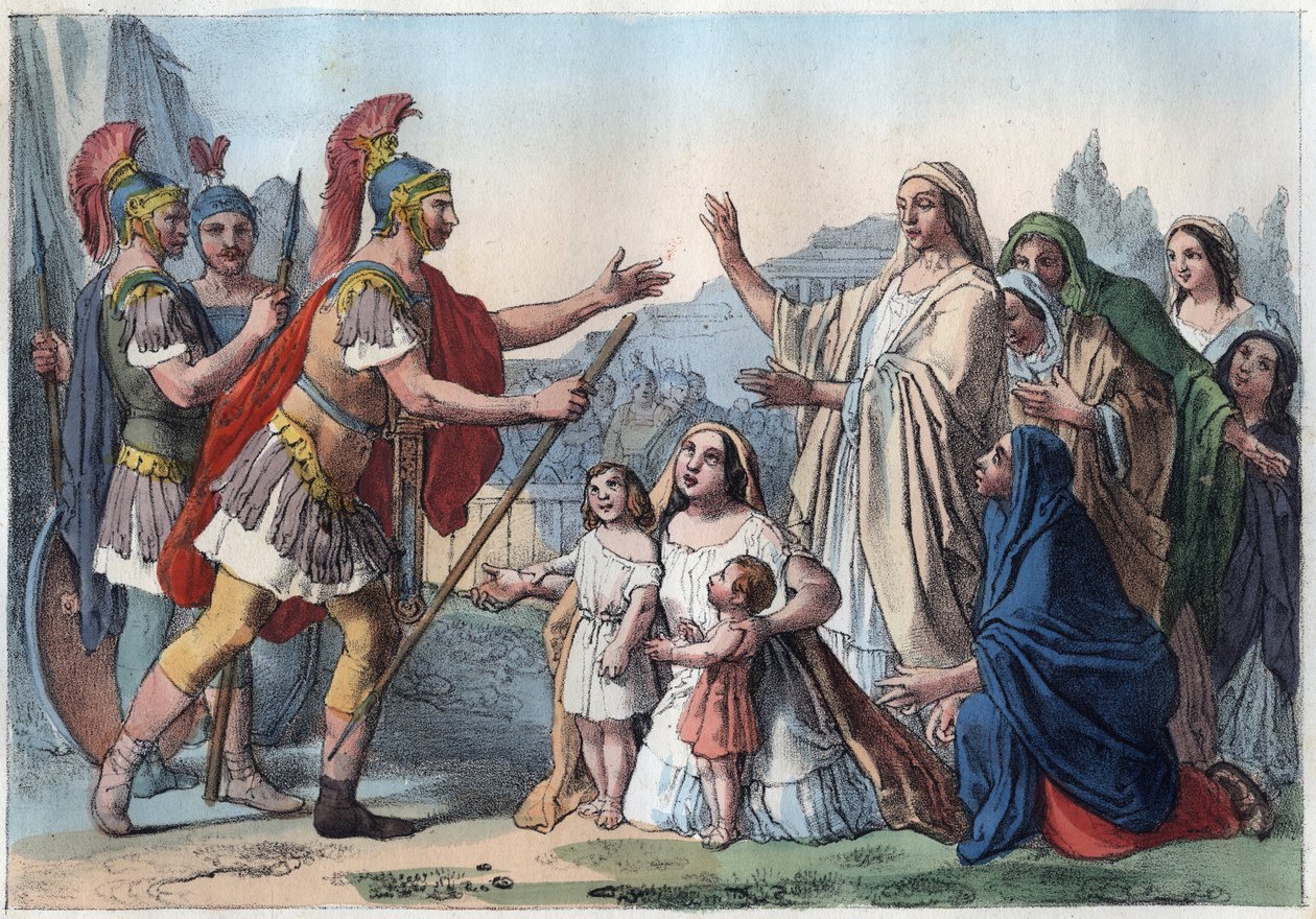 Caius Marcius Coriolanus (Coriolan) og hans mor (488 f.Kr.) - Coriolan beleirer Roma med støtte fra folket - hans mor Veturia og hans kone Volumnia overtaler ham til å trekke seg - Volumnia og Verturia før Coriolan (Gaius Marcius Coriolanus) - Mor a av Unknown artist