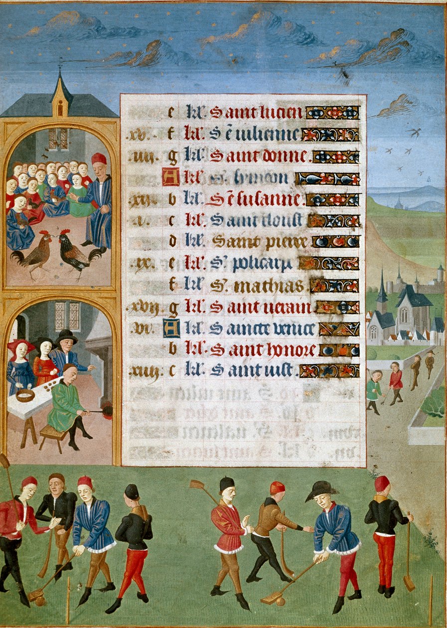 Kalender: Februar, de forskjellige spillene: en slags cricket, hanen kjemper - Miniatyr av Mesteren av Jean Rolin fra manuskriptet "" Les Hours d'Adelaide de Savoie, hertuginne av Burgund" av Unknown artist