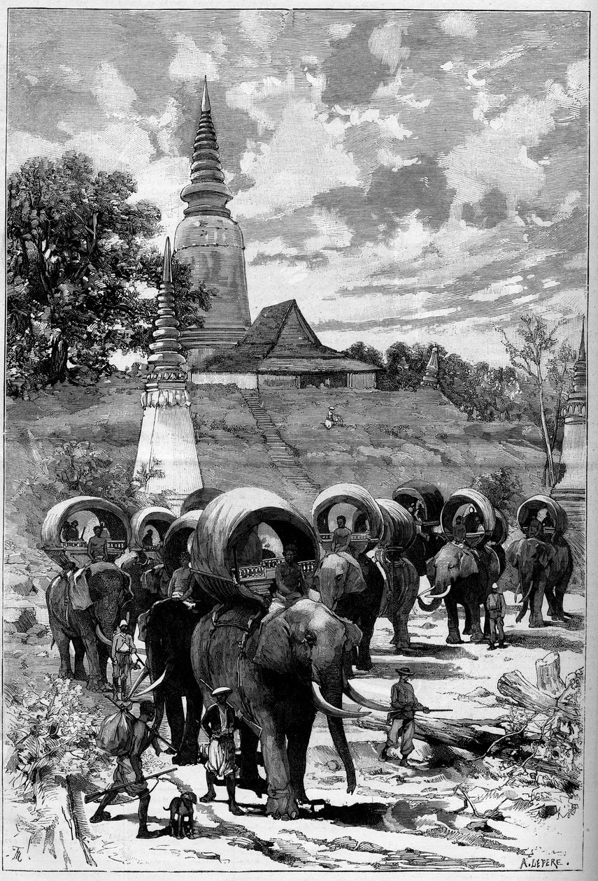Cambodia: hunting caravan of the French protectorate in front of the mountain of Lady Penh (Pnom Penh, Pnom Penh) In “” The Illustrous World”” n°1312 of May 20 av Unknown artist