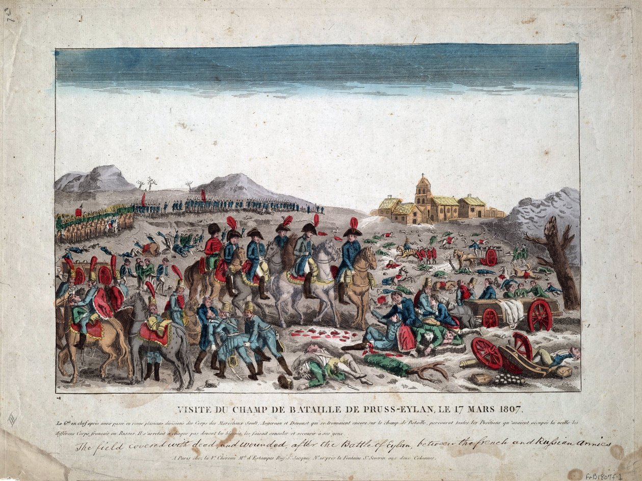 Kampanje av Preussen og Polen (1806-1807) ""Napoleon I på slagmarken til Eylau den 02/09/1807"" - På slagmarken til Eylau - Anonym - 1807 - Etsning, akvarell - 33,4x44, 5-privat samling av Unknown artist