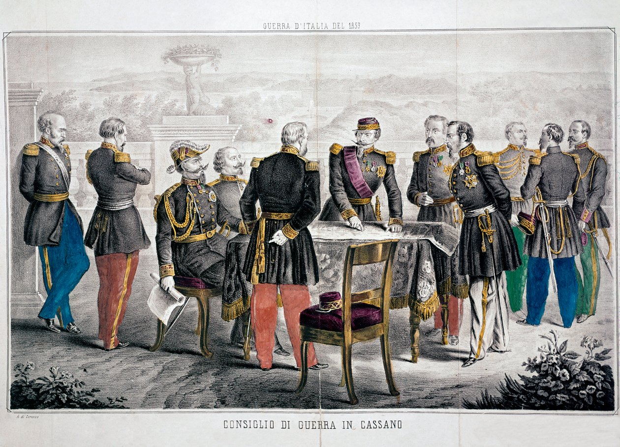 Italias kampanje 1859: Cassanos krigsråd som ser møtet til Vittorio Emanuele II (Victor-Emmanuel eller Victor Emmanuel) og keiser Napoleon III. Privat samling av Unknown artist