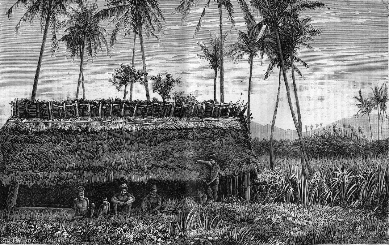 Canaques of New Caledonia (New Caledonia) foran en boks eller et møtehus. Gravering i "" La Nature"" av Unknown artist