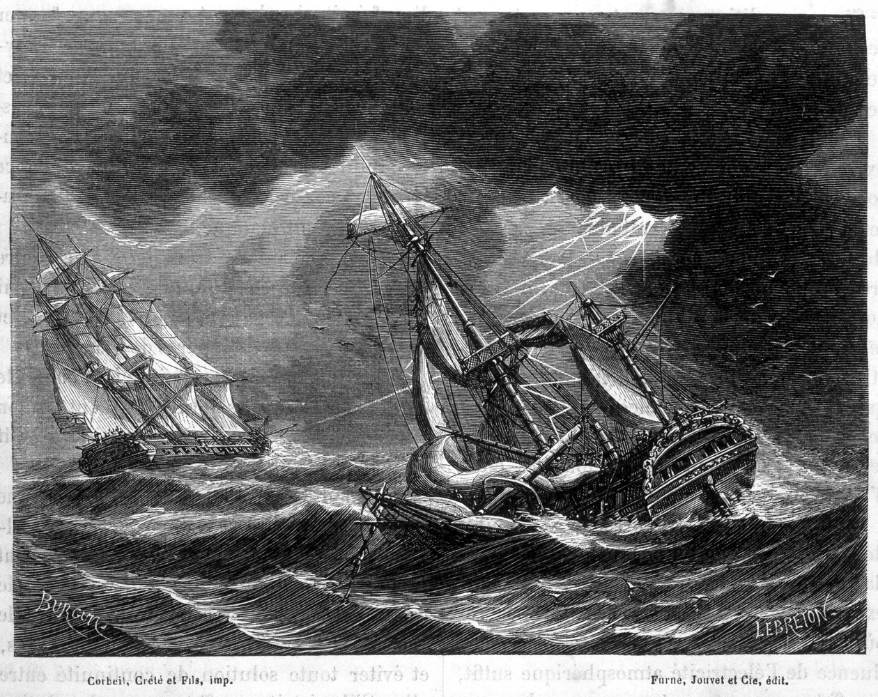 Kaptein Cooks skip spart takket være lynavlederen, nær et nederlandsk skip truffet av lynet - i "Vitenskapens underverk"" av Louis Figuier av Unknown artist