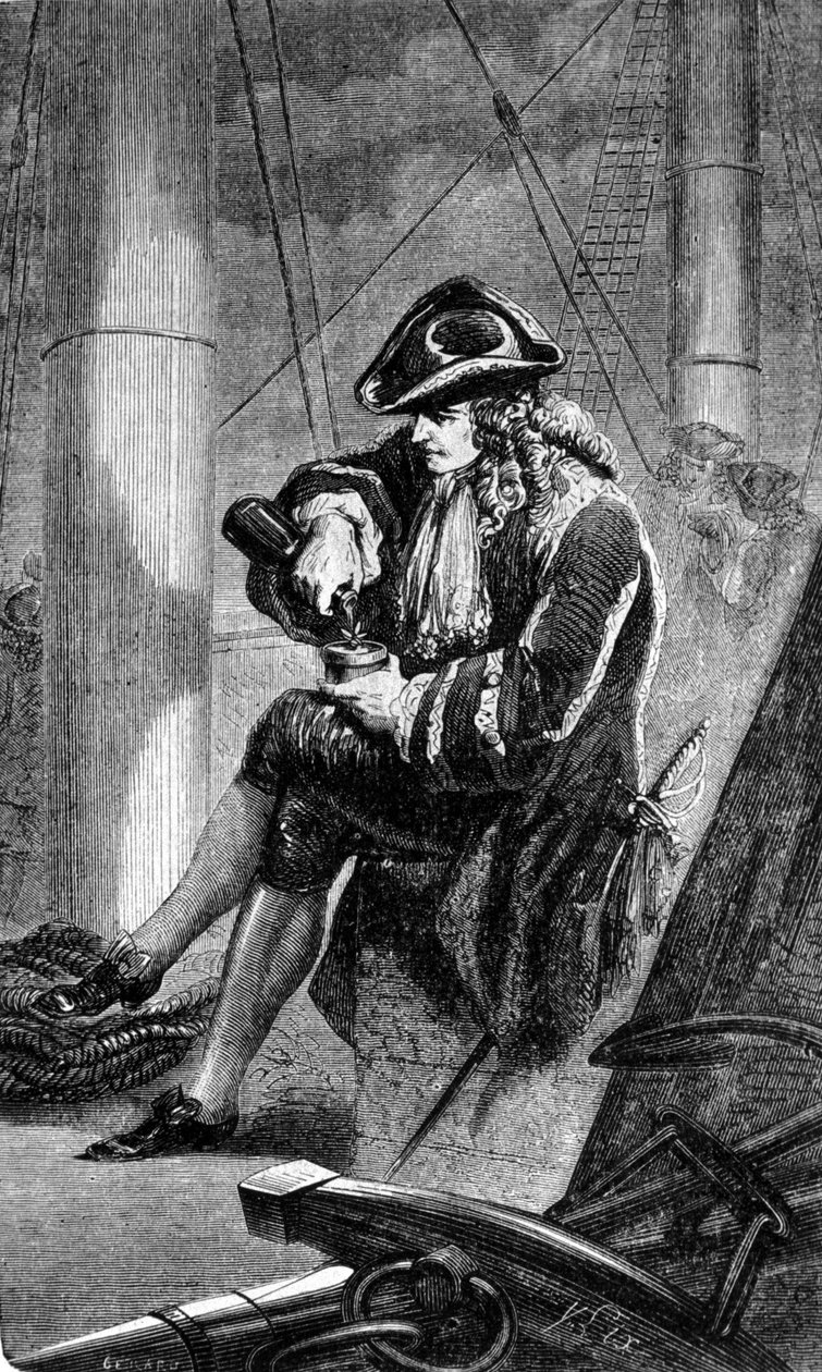 Kaptein Gabriel de Clieu (Declieux, Desclieux) (1687/1678- ca. 1774), i oppdrag av kong Ludvig XIV i 1725 for å bringe tilbake til Martinique en kaffeplante (kaffetrakter), deler med ham sin vannrasjon for å redde ham fra tørken. Gravering av den 19 av Unknown artist