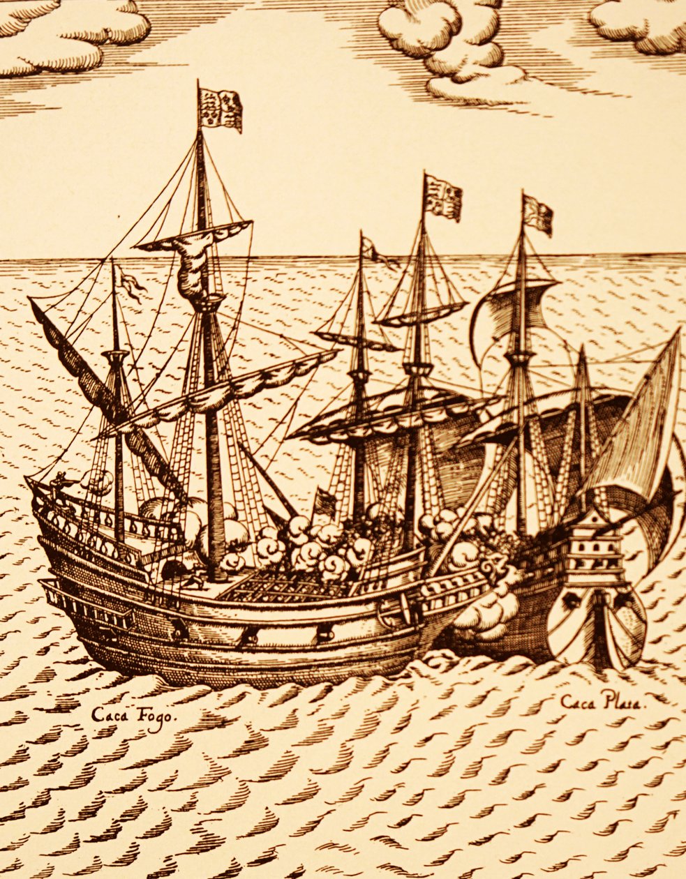 Fangst av den spanske galjonen Cagafuego av Golden Hind ledet av Francis Drake i mars 1579 (gravering) av Unknown artist
