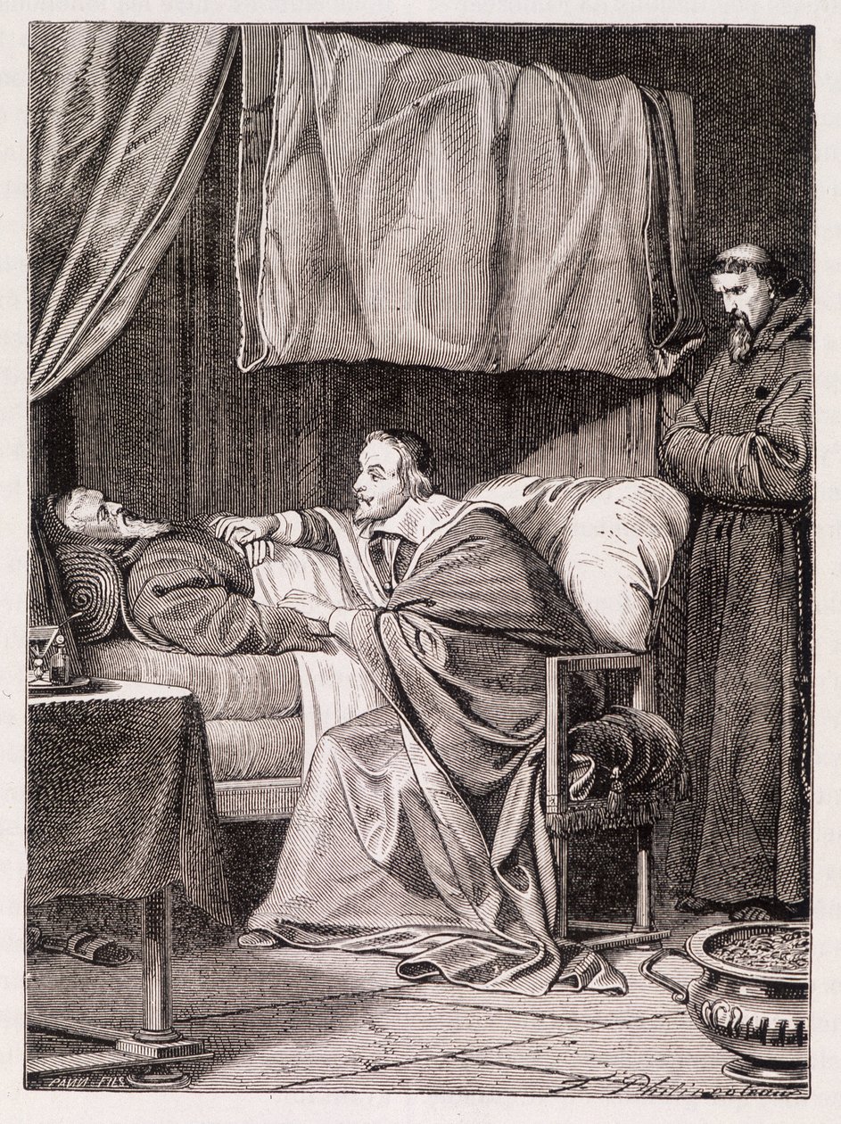 Kardinal Richelieu på dødsleiet til far Joseph - gravering av Unknown artist