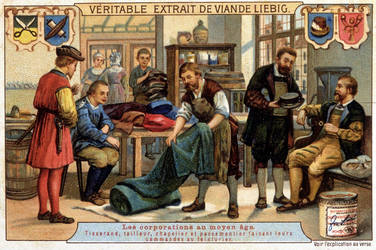 Karrierer i middelalderen: vever, skredder, hattemaker og pastermaker bestiller renseriet - chromo Liebig av Unknown artist