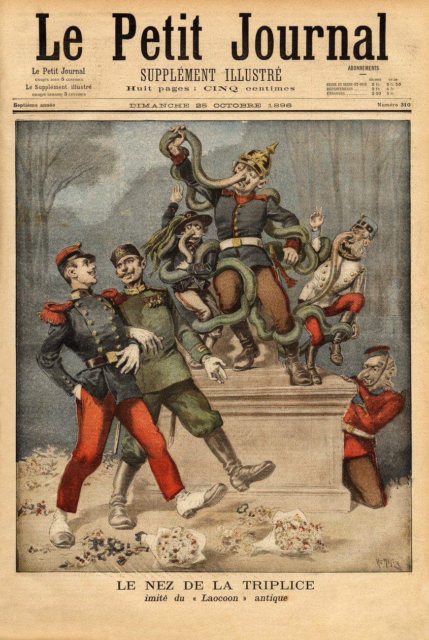 Karikatur allegori om trippel- eller trippelalliansen mellom Tyskland, Østerrike-Ungarn og Italia, å se den andre europeiske alliansen passere, Frankrike med Russland. Gravering i "" Le petit journal"" 25/10/1896. Selvas samling. av Unknown artist