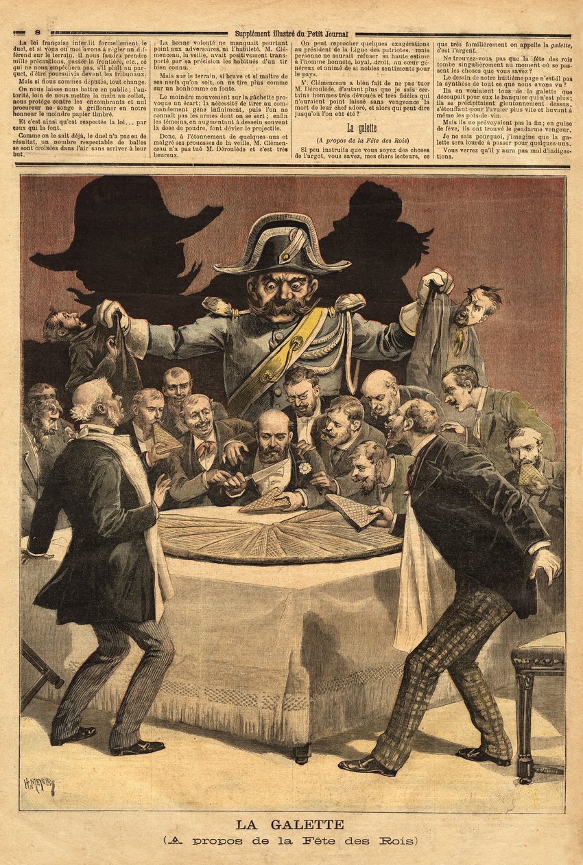 Karikaturillustrasjon "" la galette"", om kongefesten, hvor bankmannen skjærer kaken, alle falt til å ha en andel og fant i stedet for en feve gendarmen. Gravering i "" Le petit journal"" 7/01/1893. Selvas samling. av Unknown artist