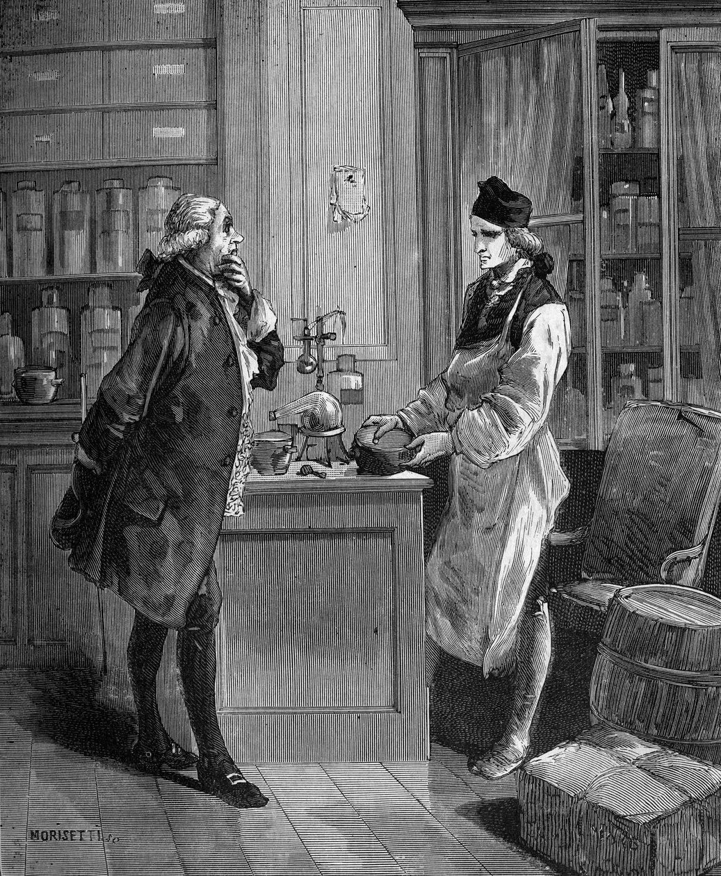 Carl William (Guillaume) Scheele (1742 -1788), Swedish chemist in his laboratory with Tobern Bergmann 1735-1784 chemist. av Unknown artist