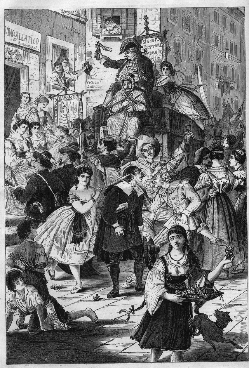 Carnival in Rome: the walk of Dr. Pasquin Roman custom. He offers the ladies of the balconies his elixirs. Engraving in “” The Illustrious Universe”” av Unknown artist