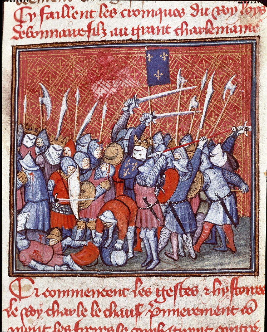Karolingisk dynasti: "" Karolingisk konge Charles II sier den skallede (823-877) under et slag""" Miniatyr hentet fra "" Les grandes Chronicles de France""" Chantilly fra 1300-tallet, Musee Conde av Unknown artist