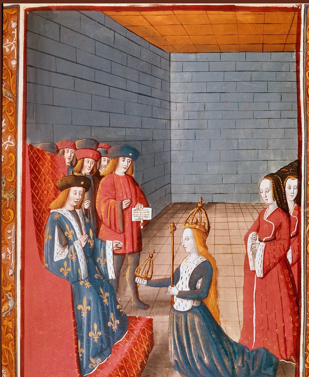 Karolingisk dynasti: "" Den karolingiske kongen Charles II sier at den skallete (823-877) tar hodet av det vestlige imperiet ved døden til sin far Ludvig den fromme i 840"" Miniatyr hentet fra "" Les grandes Chronicles de France""" 1400-tallet Torino, nasj av Unknown artist