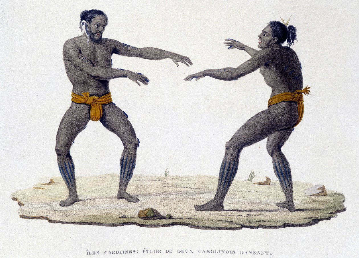 Karolinske menn som danser (Carolinian Islands, Oceania). av Unknown artist
