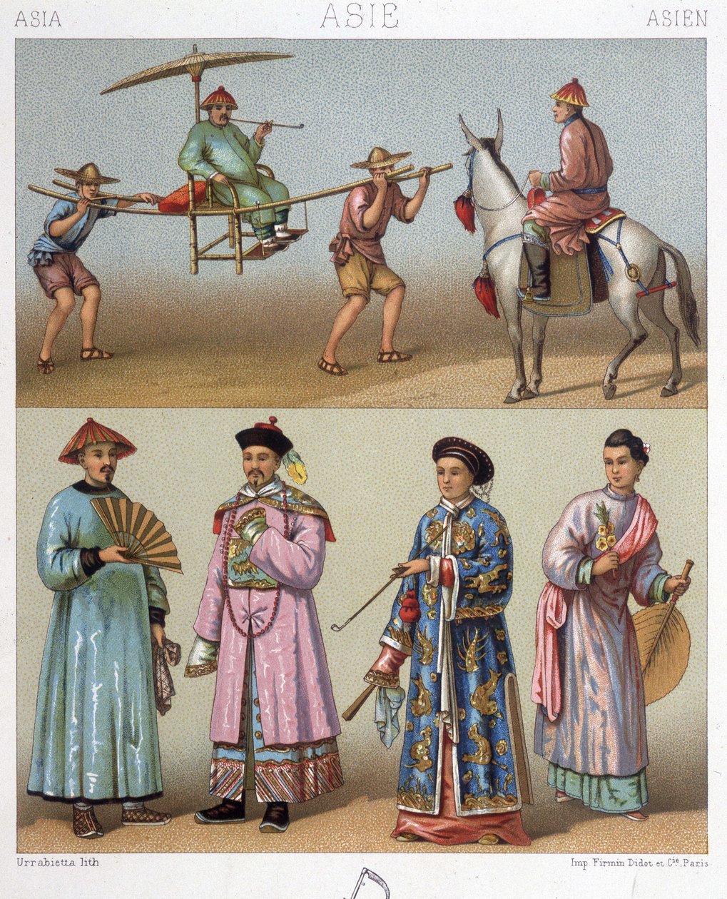 Bærestoler, ryttere og kostymer i Kina - i "" Le costume historique"" av Racinet av Unknown artist