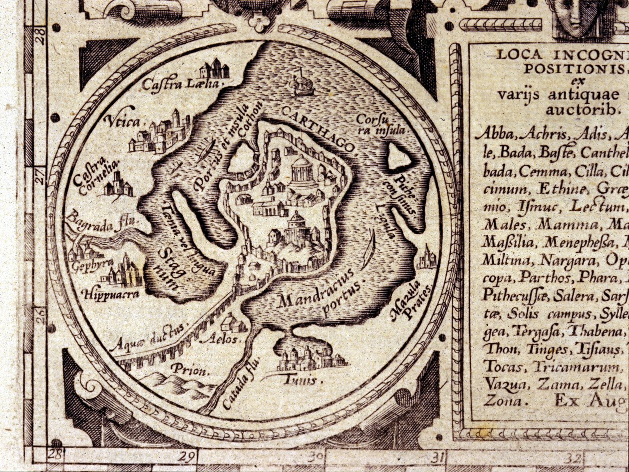 Kartago utsikt over Tunisbukta i et historisk atlas fra 1600-tallet. av Unknown artist