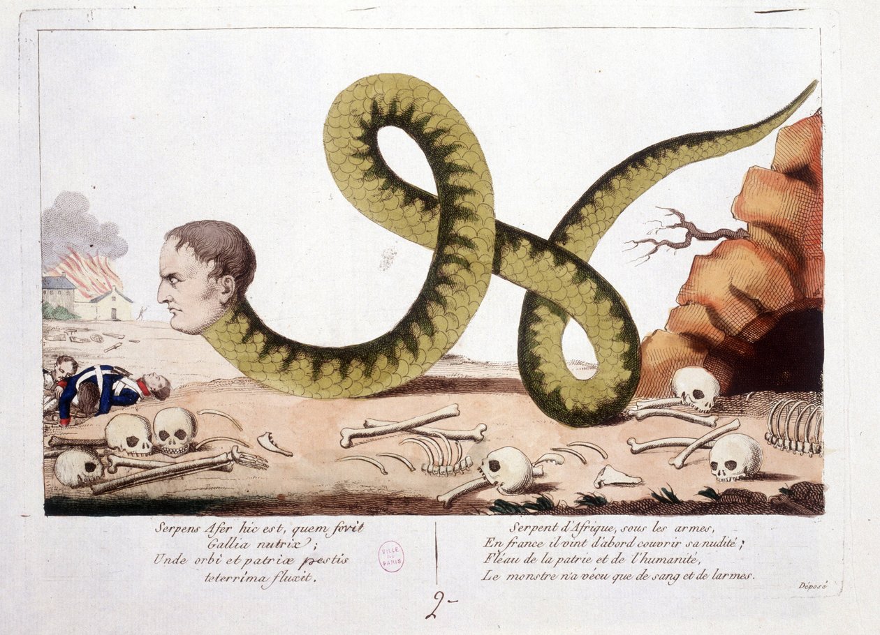 Tegneserie om Napoleon representerte jeg som en slange. Snake of Africa under arms, i Frankrike kom han først for å dekke nakenheten sin; En svøpe for hjemlandet og menneskeheten, monsteret levde bare med blod og tårer. - i Napoleon I, karikaturer, dummysa av Unknown artist