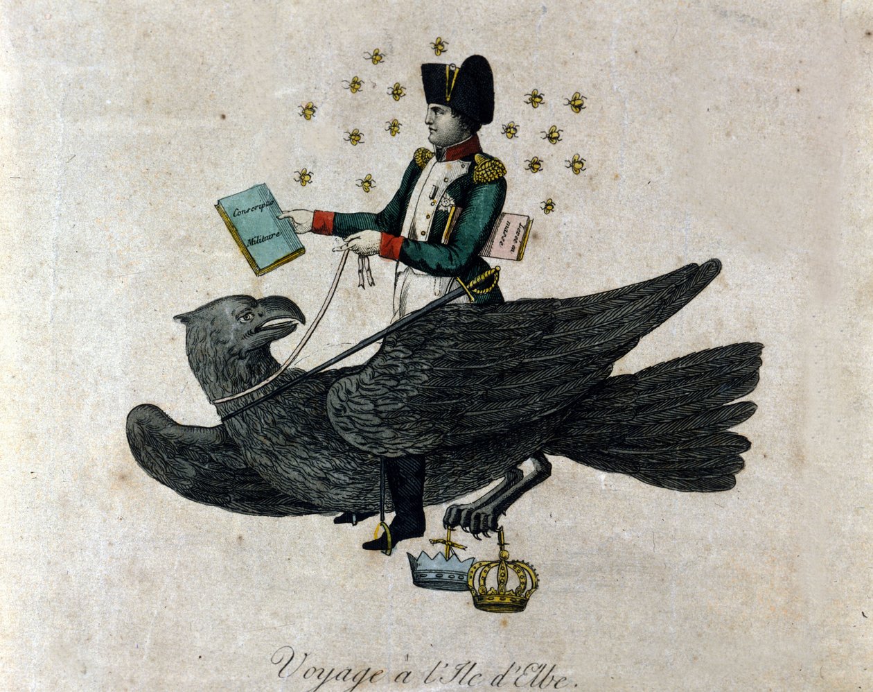 Tegneserie om Napoleon om hans eksil på Elba-øya. Napoleon på en ørn holder i høyre hånd en bok med tittelen Militær verneplikt. Gravering av perioden. av Unknown artist