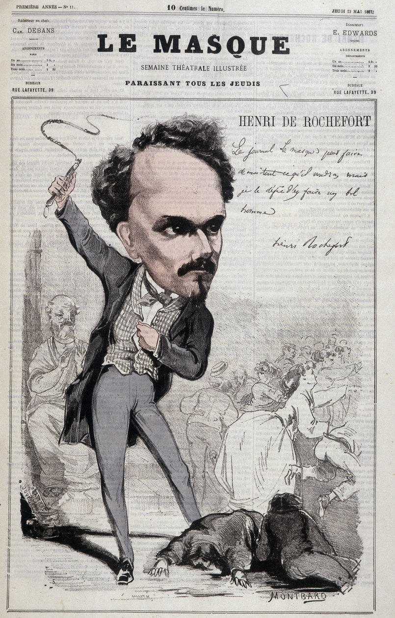 Tegneserie av Henri de Rochefort (1831-1913), fransk journalist og politiker som viste republikanske posisjoner som var fiendtlige til det verre. i "" Le Masque"" fra 1867 av Unknown artist