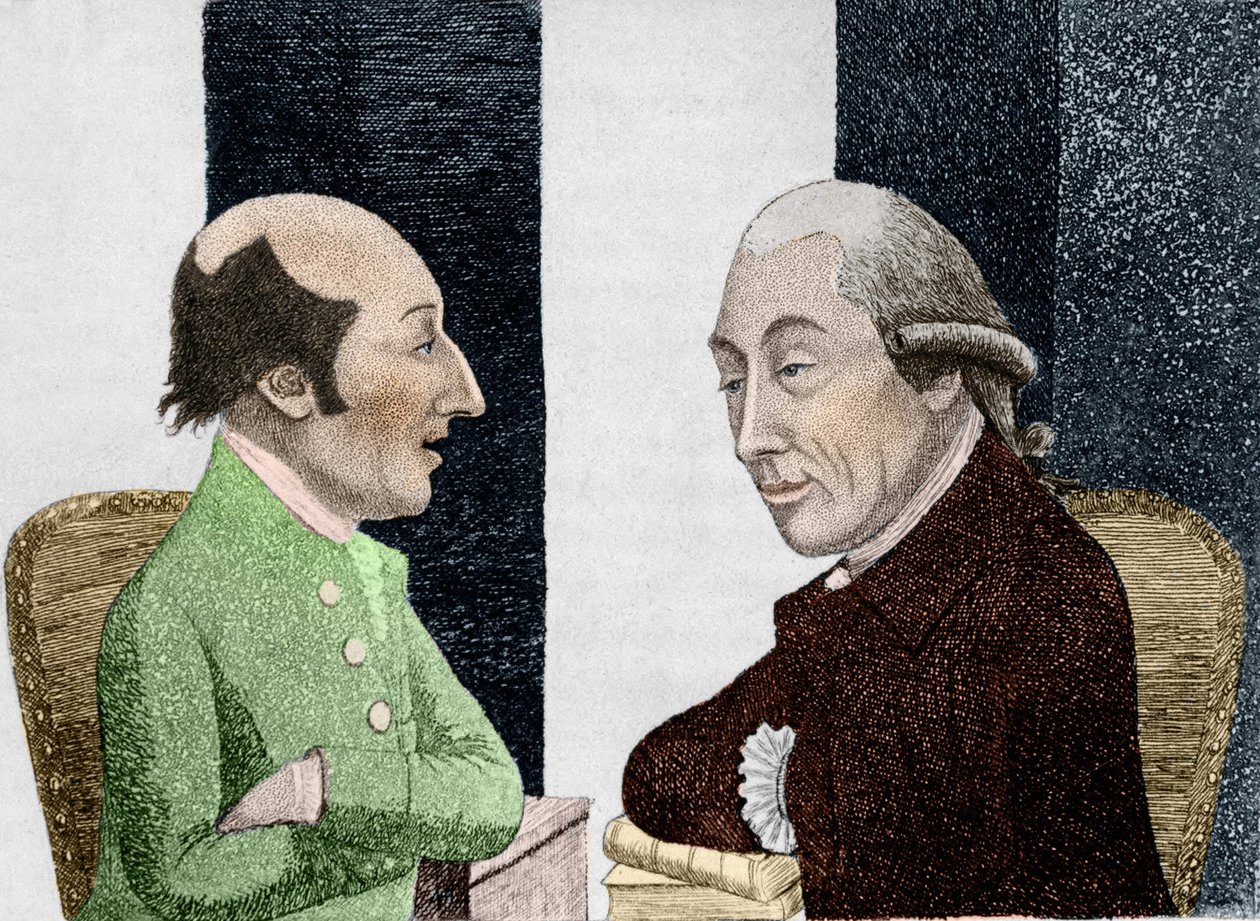Tegneserie av James Hutton (1726 - 1797) til venstre og Joseph Black (1728 - 1799) til høyre Gravering tidlig på 1800-tallet av Unknown artist