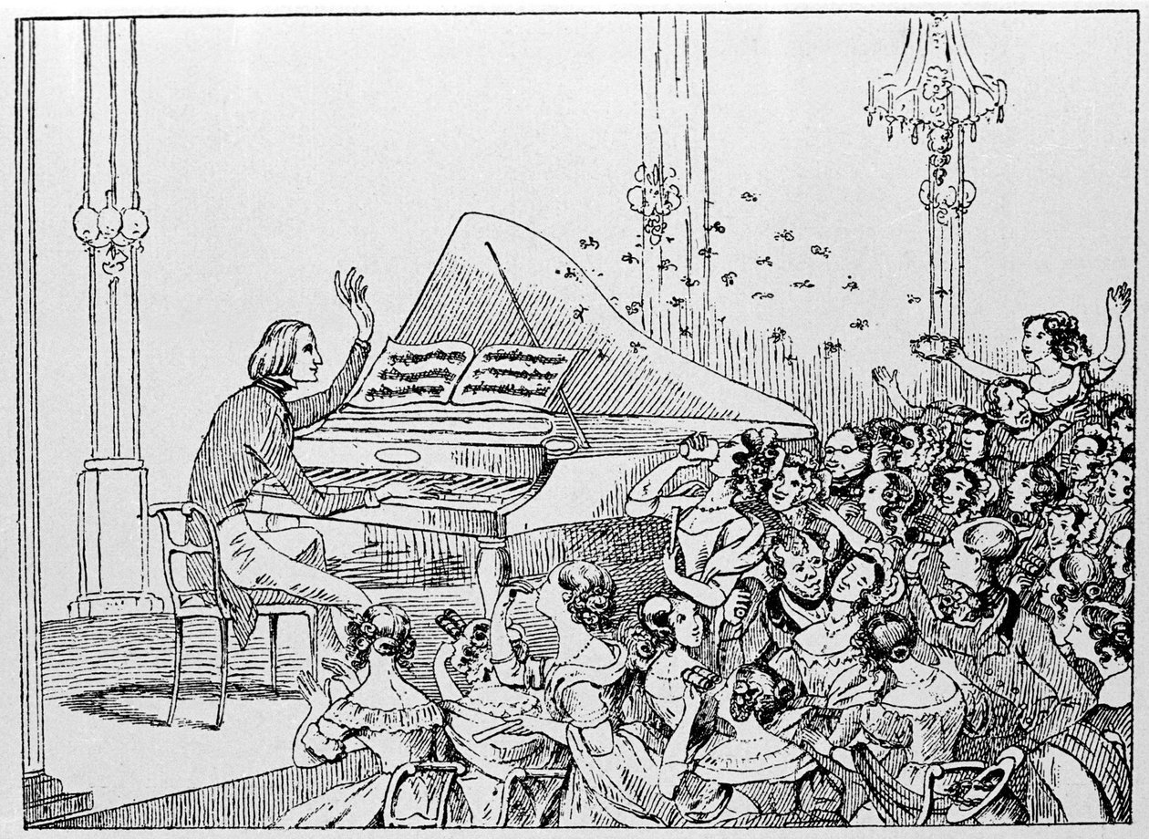 Tegneserie av Franz Liszts triumf på en konsert i Berlin i 1842. av Unknown artist