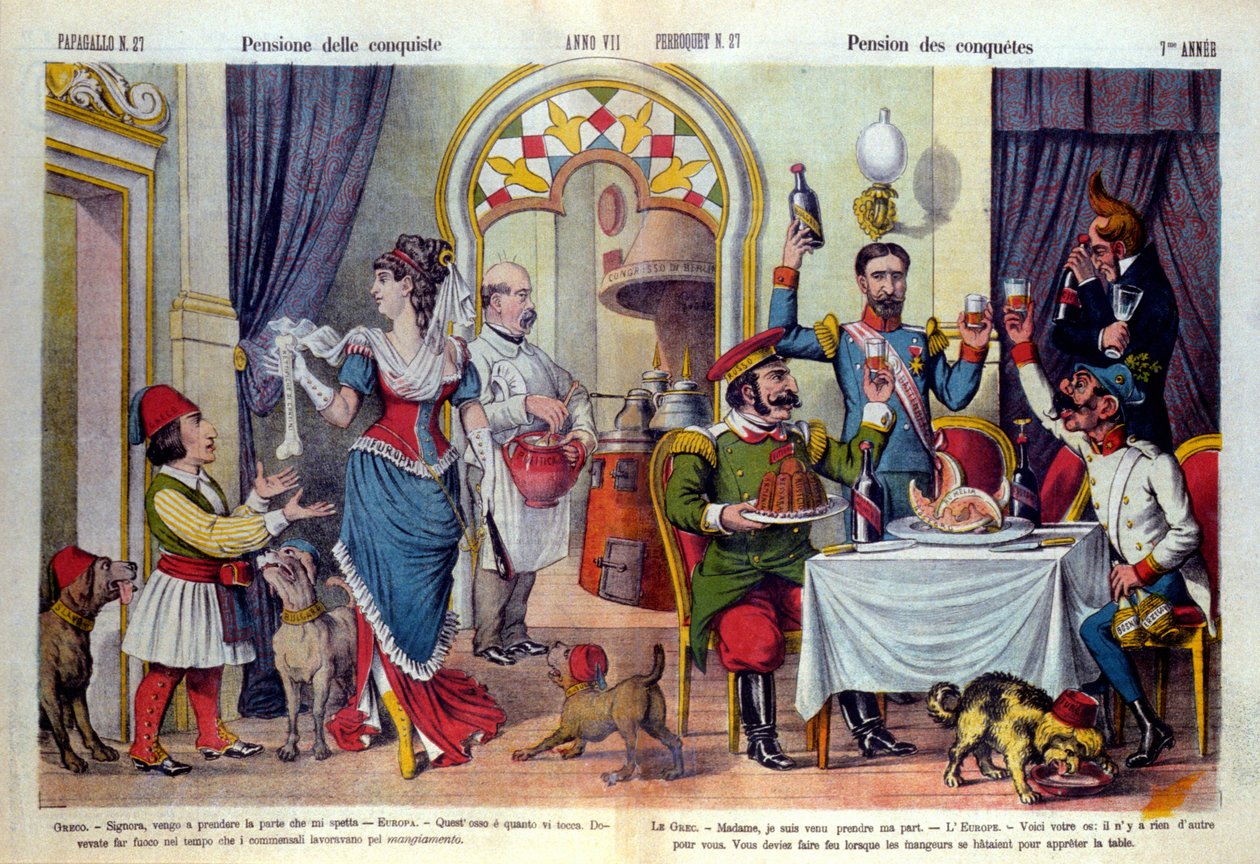 Tegneserie av den italienske avisen "" Le Parroquet"" (il Pappagallo) på Berlin-kongressen (Congresso di Berlino) i 1878 (diplomatisk konferanse). Berlin-kongressen ble holdt for å gjennomgå Russlands urettferdighet overfor Tyrkia: tyrkere tvunget til å ak av Unknown artist