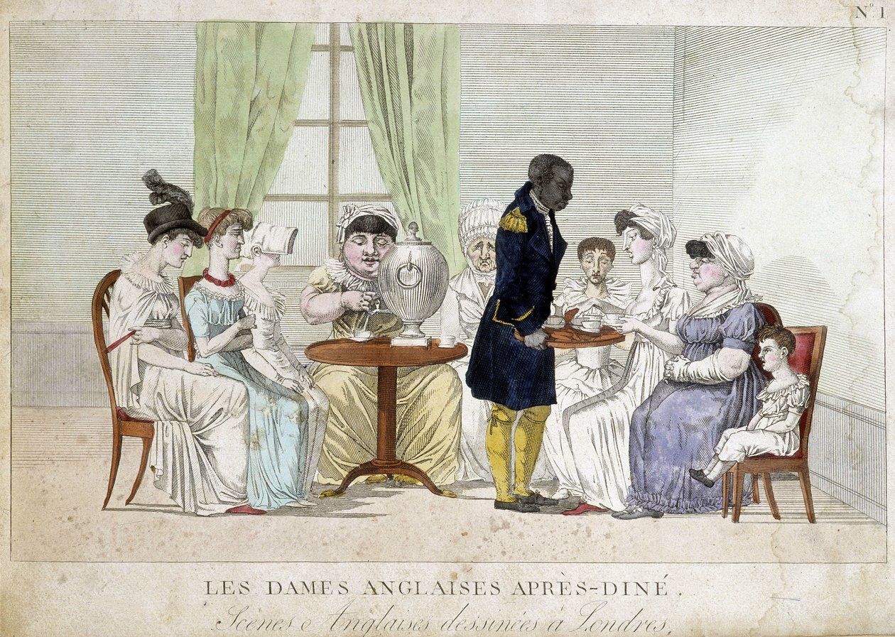 Tegneserie om engelske borgerlige kvinner på 1800-tallet: "Engelske damer etter middag". En svart tjener gir dem teen på et brett. av Unknown artist