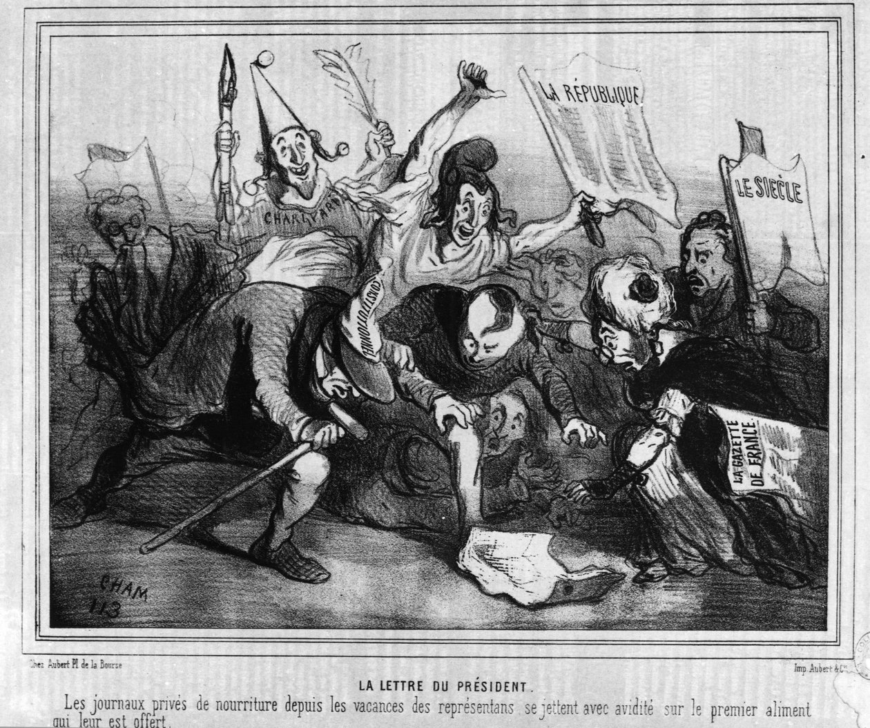 Tegneserie om valgkampen for det første presidentvalget 10. desember 1848 med Battle of the Newspapers. av Unknown artist