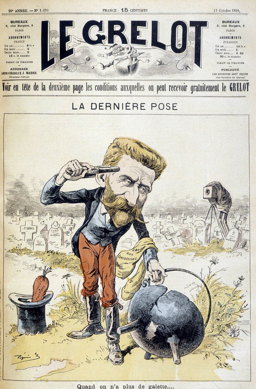 Tegneserie om selvmordet til general Boulanger - i "" Le Grelot"" av 11.10.1891 av Unknown artist