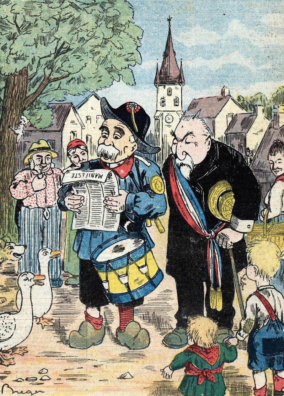 Tegneserie som viser Georges Clemenceau og Emile Combes som stiller sammen i de franske valgkampene for valget i 1913 (Karikatur som viser de franske statsmennene Emile Combes og Georges Clemenceau som stiller sammen til presidentvalget i 1913) Il av Unknown Artist