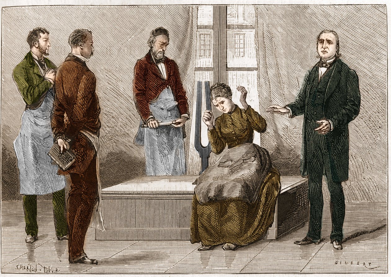 Katalepsi produsert under påvirkning av lyd (Diapason). Den franske nevrologen Jean Martin Charcot (1825-1893) (til høyre) demonstrerer hypnose på en pasient på sykehuset i Salpetriere. Illustrasjon hentet fra "" Nature"" 1879 av Unknown artist