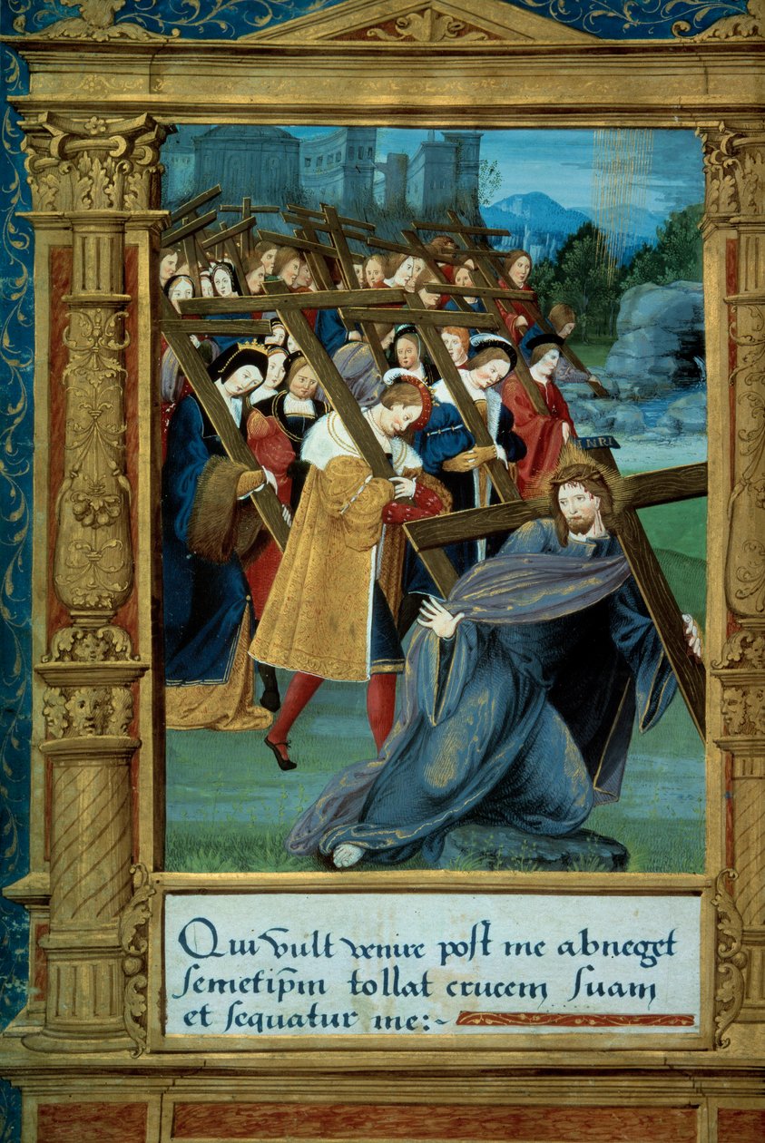 Katekismus: Kristus bærer sitt kors. Manuskriptside "" Innledende instruksjon i den kristne religion for barn"" tilskrevet Johannes Brenz (1498-1570) dedikert til Marguerite d