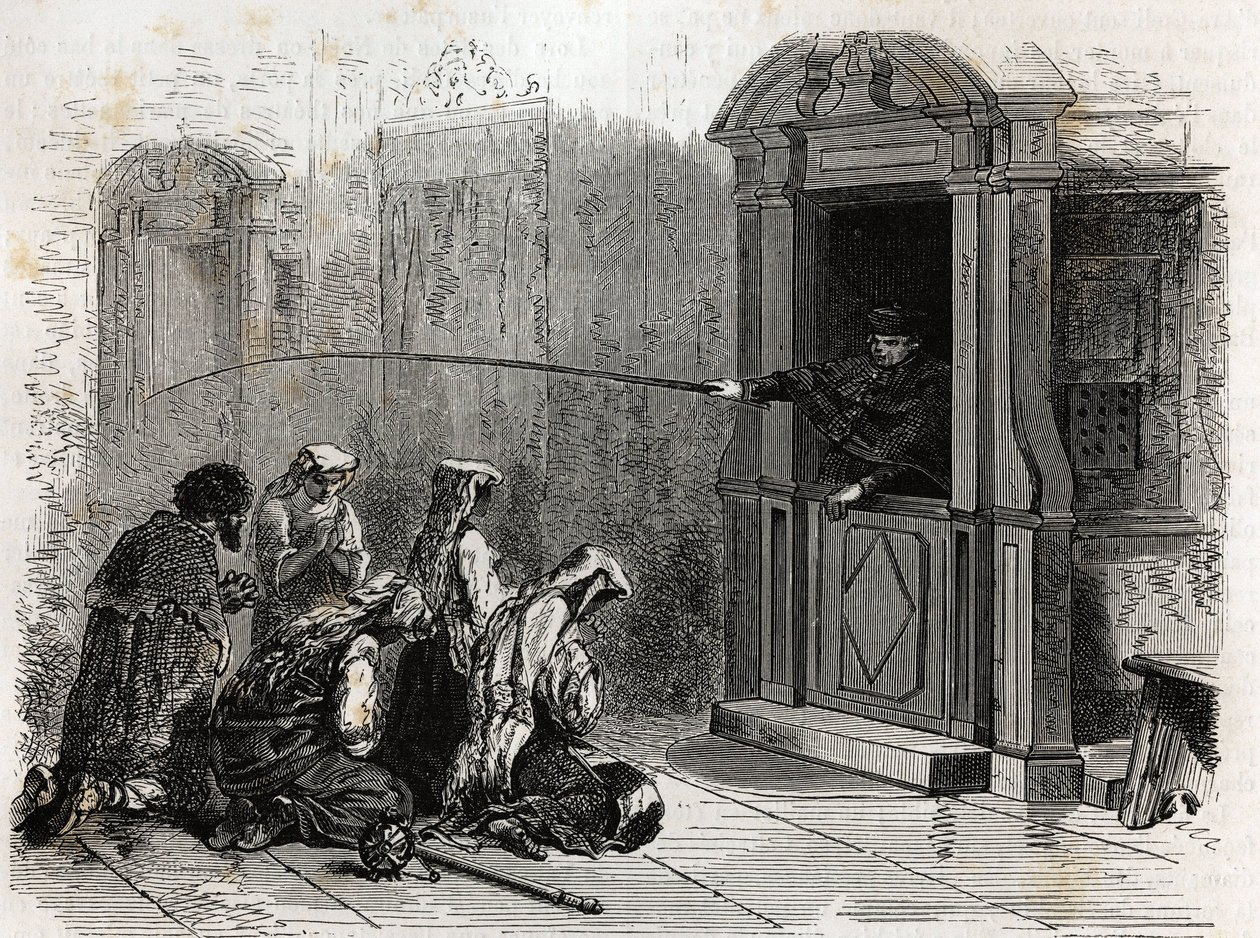 Katolske utøvere i bønn, mottar vanlig bot, pisk administrert av en prest fra standen. Gravering for å illustrere historien om Den hellige uke i Roma, i 1863, av Ludovic Celler, i «Le tour du monde, nouveau journal des voyages»» publis. av Unknown artist