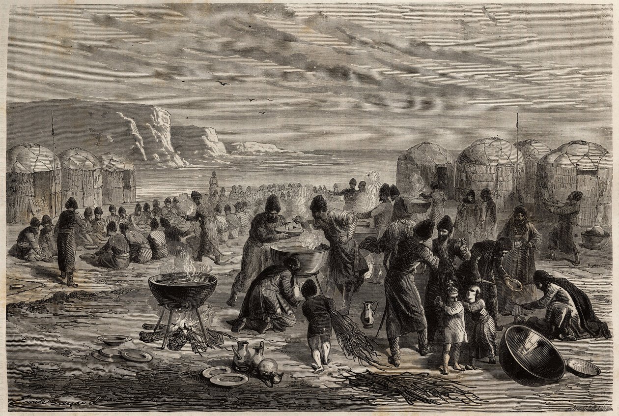 Cauda-yoli (cauda yoli), den årlige turcomanske religiøse festen, for å be om Guds beskyttelse for familien og betailen, organisert av en familie, som for anledningen kan ofre rundt femten sauer, og som hele samfunnet er invitert til. Engravin av Unknown artist
