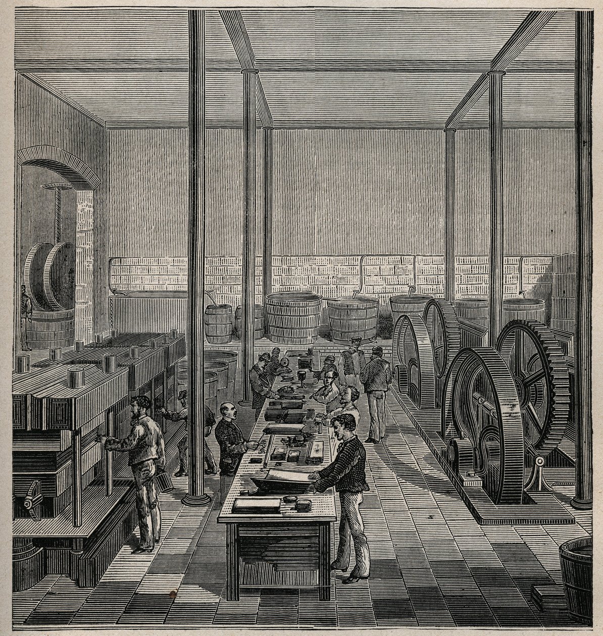 Celluloid: produksjon av celluloid. Gravering fra 1885 i "" Les arts et metiers illustres"" av Adolphe BITARD. av Unknown artist