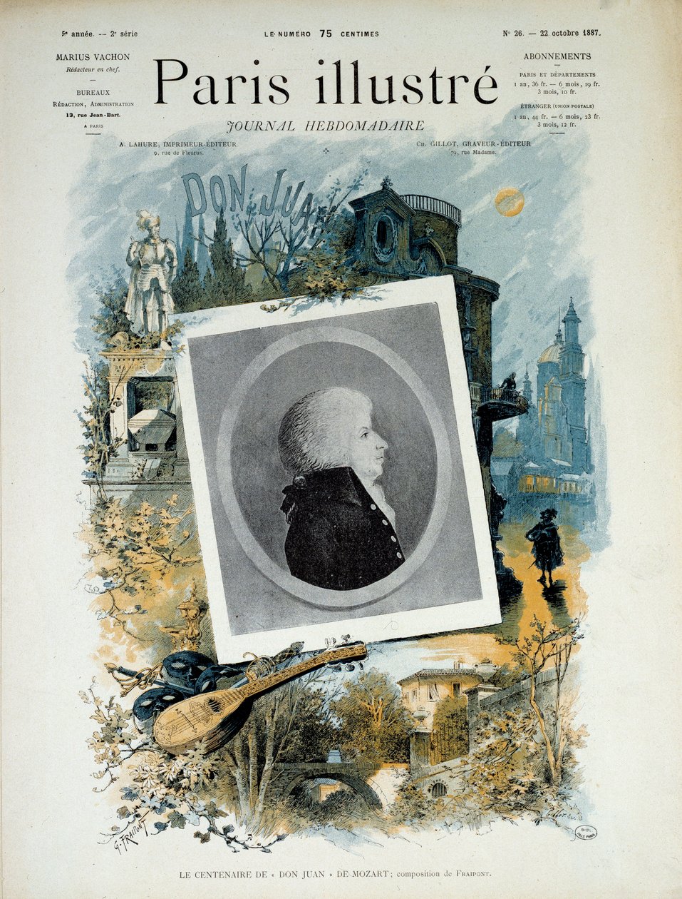 Hundreårsjubileet for Don Juan (Don Giovanni) av Mozart i 1787. Første side av Illustrert Paris, utgave av 22. oktober 1887. Paris, Musee Carnavalet. av Unknown artist