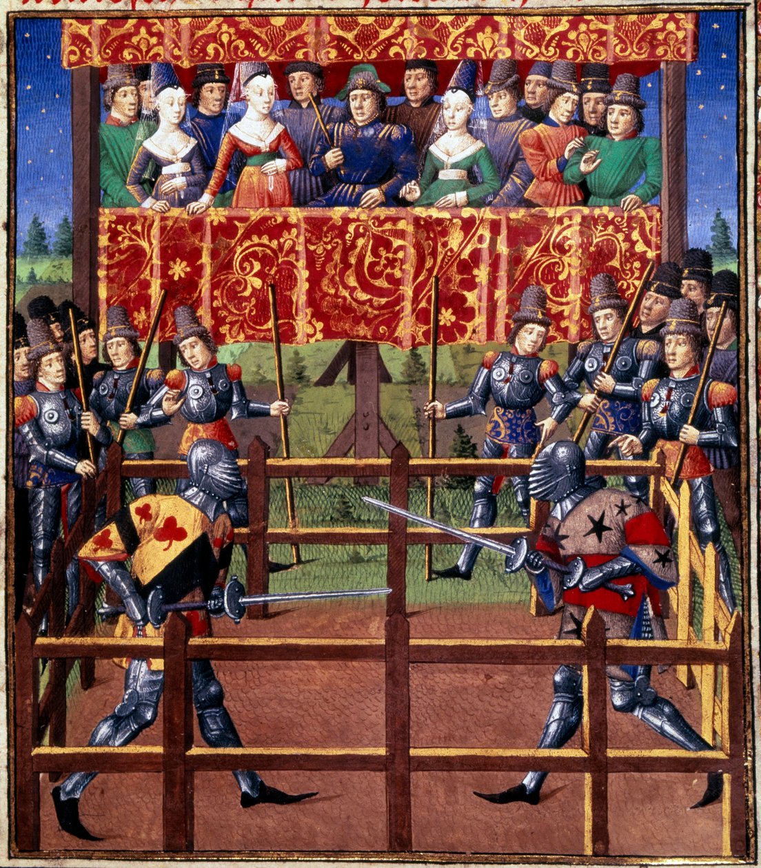 Seremonier og ordinanser som et løfte om kamp: duell i lukket felt mellom to riddere Miniatyr fra et manuskript av Jean de Rolin (1400-tallet) 1460 Paris, BN av Unknown artist