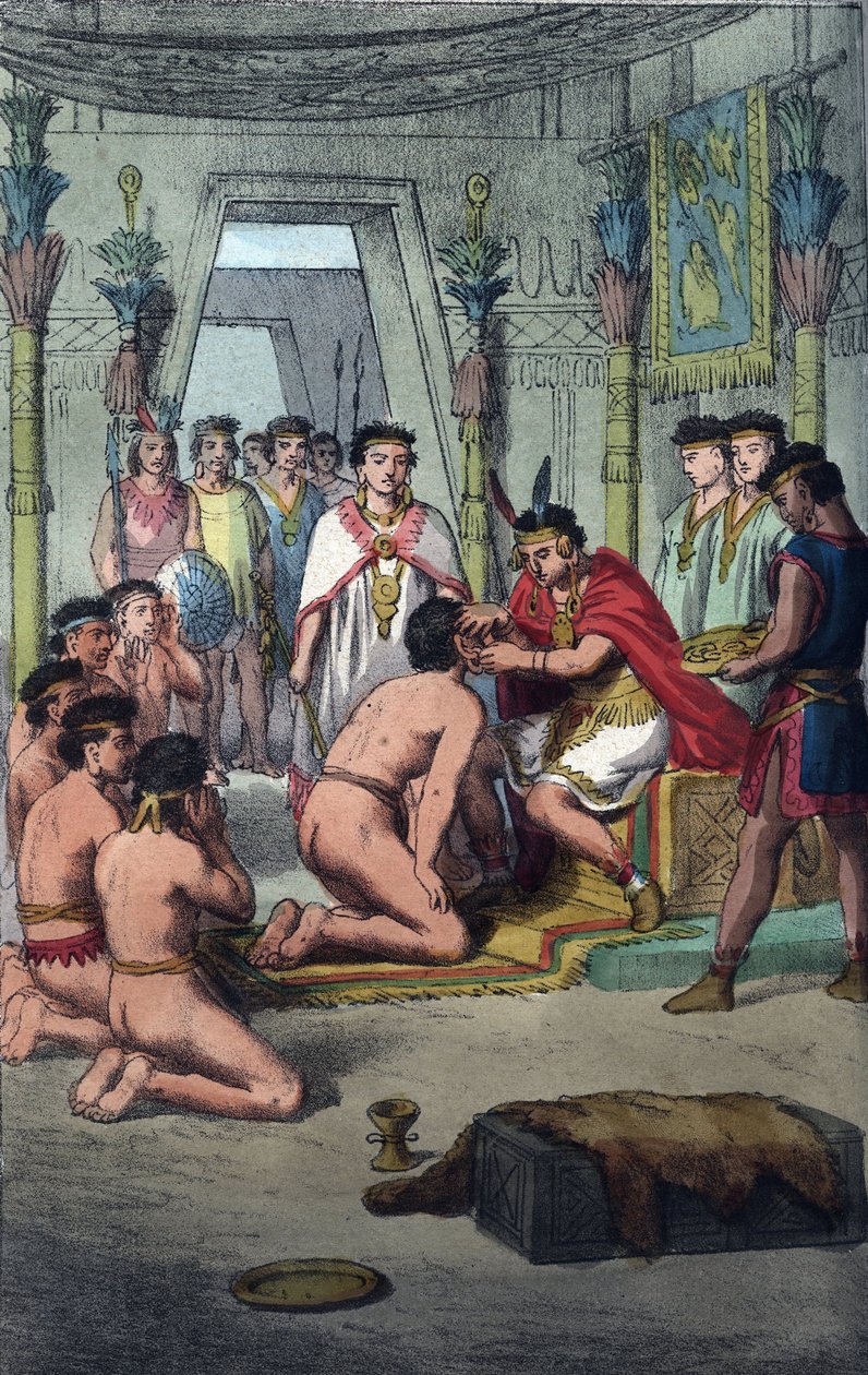 Ceremony (Ceremony) in the Inca Capital of Cuzco: Manco Capac (Ayar Manco) confers distinction on the Princes of the Blood by piercing their ears - engraving from “Usi e Costumi di Tutti i i Popoli dell