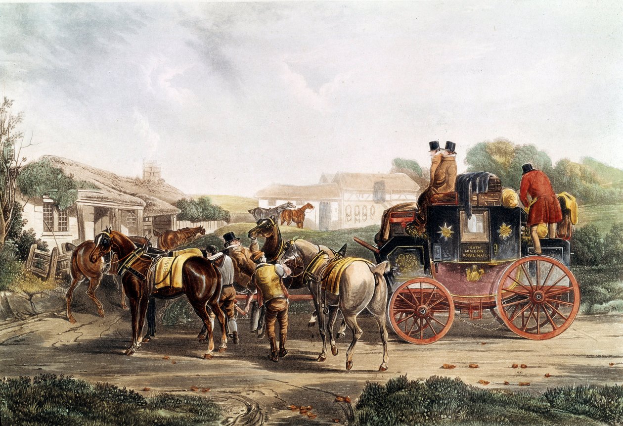 Skifte av feste på vertshuset under reise med buss. Engelsk gravering. Privat samling fra 1800-tallet av Unknown artist
