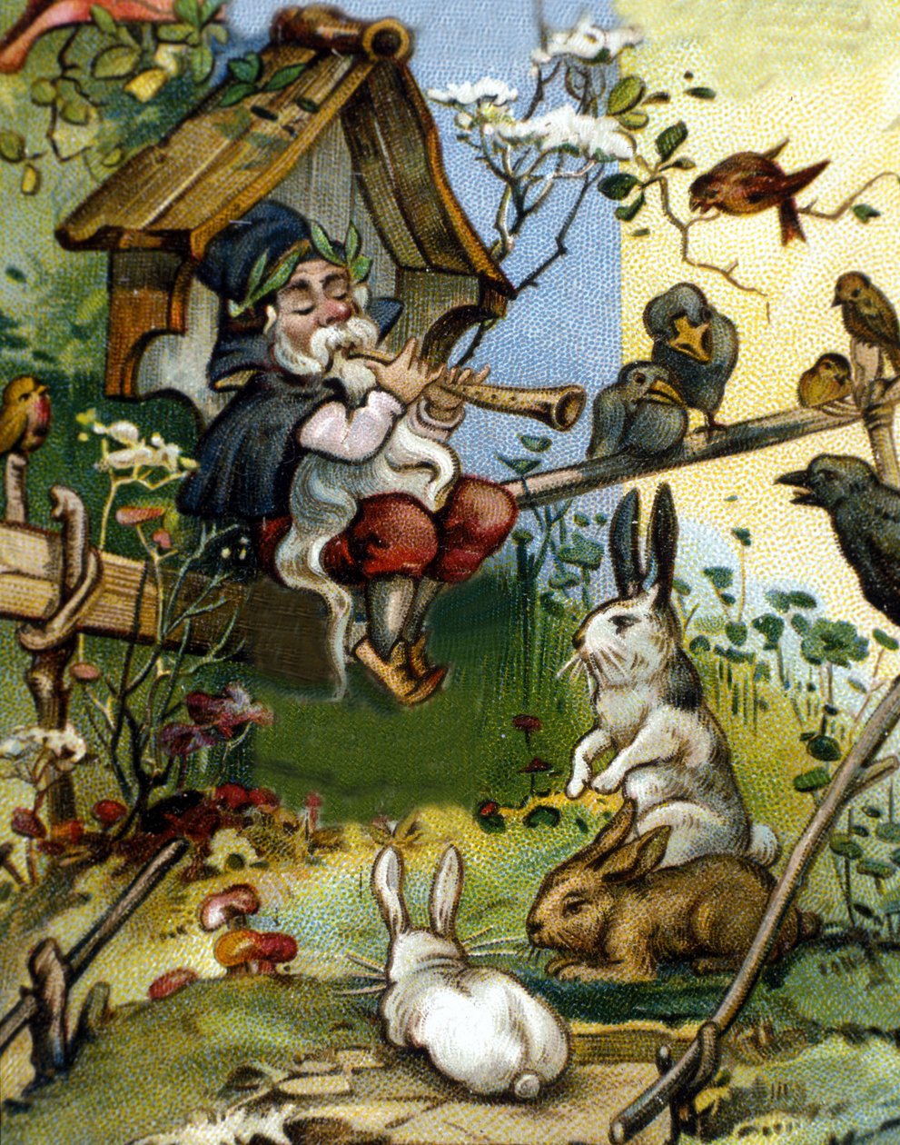 Karakteren til dverg- eller farfadet-fløytespilleren. 1800-talls kromolitografi. av Unknown artist