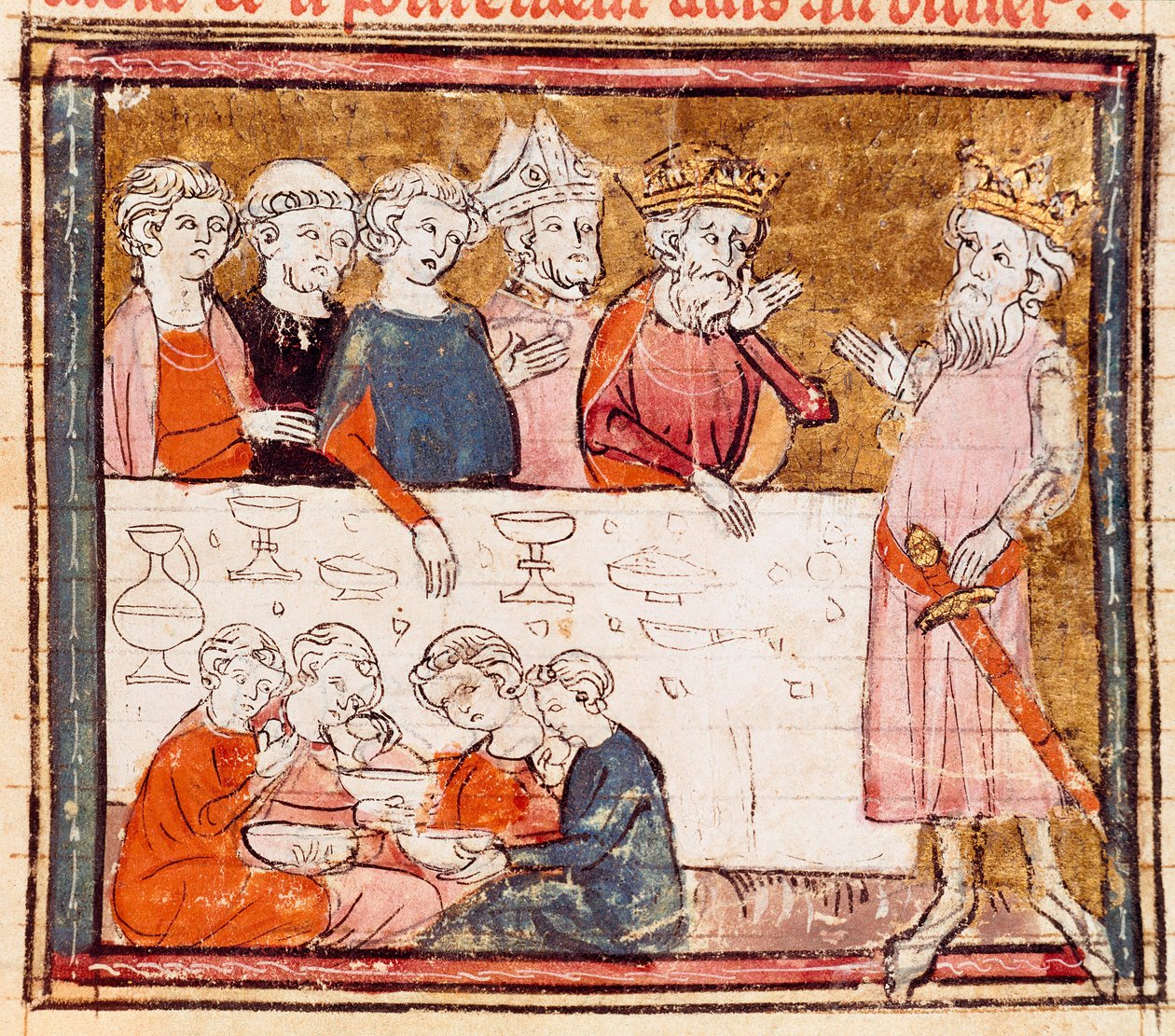 Charlemagne (742-814) og hans nevø rytteren Roland på en bankett hvor den stakkars miniatyren fra "" Grandes Chronicles de France"" 1375-1379 kommunale bibliotek, Castres av Unknown artist