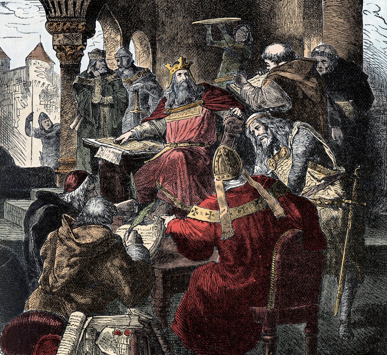 Charlemagne (742 - 814) på sin trone som presiderer over Palace Academy (gravering) av Unknown artist